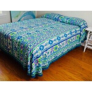 Vintage Fieldcrest Twin Bedspread Fringe Retro Blue Green MCM Mod Psychedelic